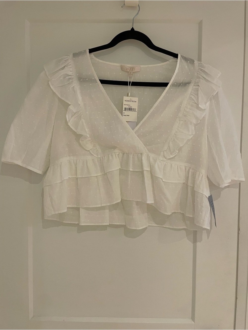 WAYF - White Ruffled Swiss Dot Cropped Blouse (size: S) *NWT*